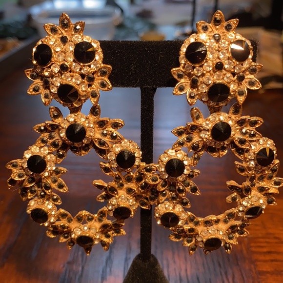 THELMA DEUTSCH EARRINGS:Vintage 80’s GOLD/BLACK STONES/ RHINESTONE large Dangle - Picture 4 of 4
